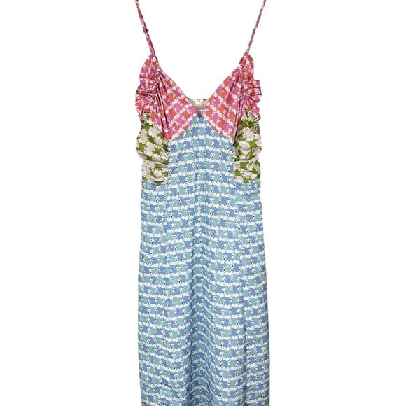 ENGLISH FACTORY Women's Bright Multicolor Mixed Pattern Thin Strap Satin Midi XL - Picture 1 of 7